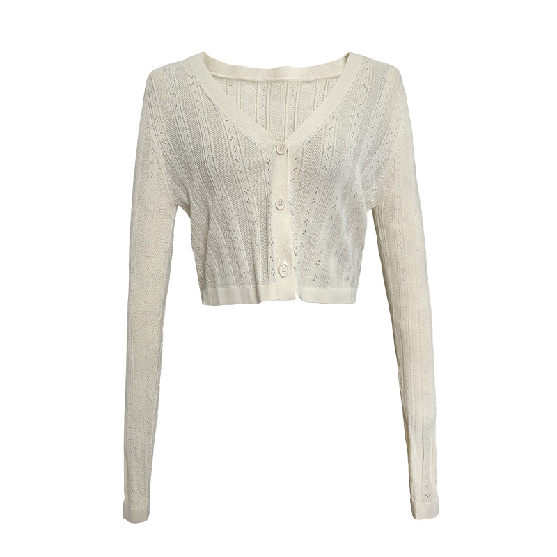 Áo cardigan nữ dệt kim mỏng chống nắng, tay ngắn, dáng suông, phối khăn choàng — Màu đen