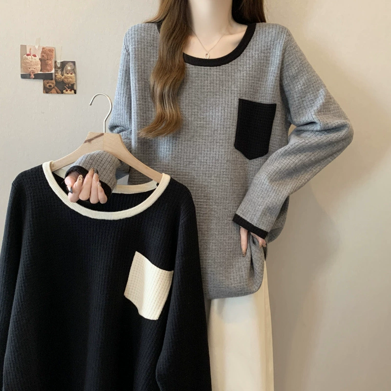 На самом деле выстрел ~ Толстый MM большой размер с круглым вырезом, контрастный карман, дизайн свободный, тонкий трикотажный топ