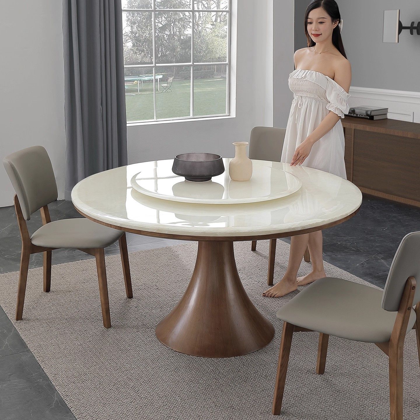 Natural White Ice Jade Marble Dining Table for Home Small Apartment Round Table with Turntable Modern Simple Solid Wood Round Table