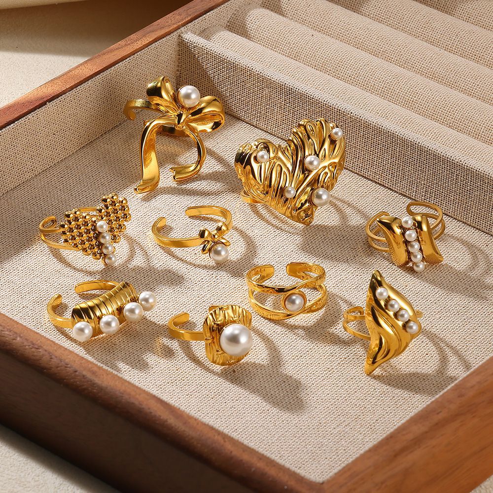 0.03µm-0.05µm Gold Plating Thickness PVD Coated Real Gold Plated Heart Shape Flower Bow Knot 304 Stainless Steel Imitation Pearl Vintage Style Waterproof Non Tarnish Open Rings