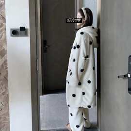 METWO高克重珊瑚绒波点睡袍+休闲长裤两件套套装家居服可外穿冬季