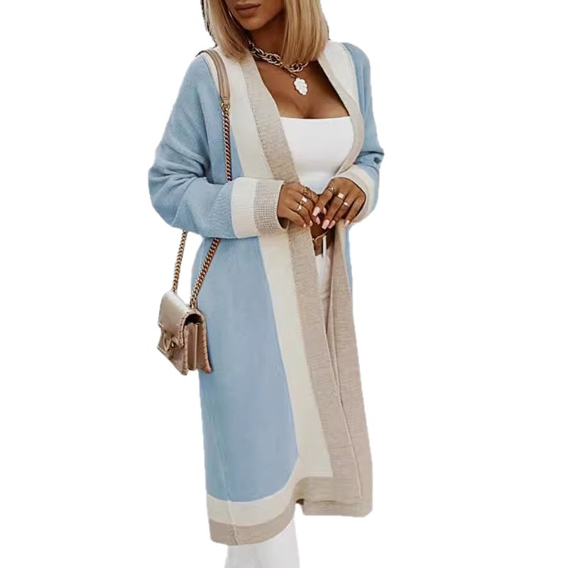 Autumn and winter European and American long sweater jackets for women, color matching, simple, elegant, loose, casual, long cardigans for women, knitted sweaters