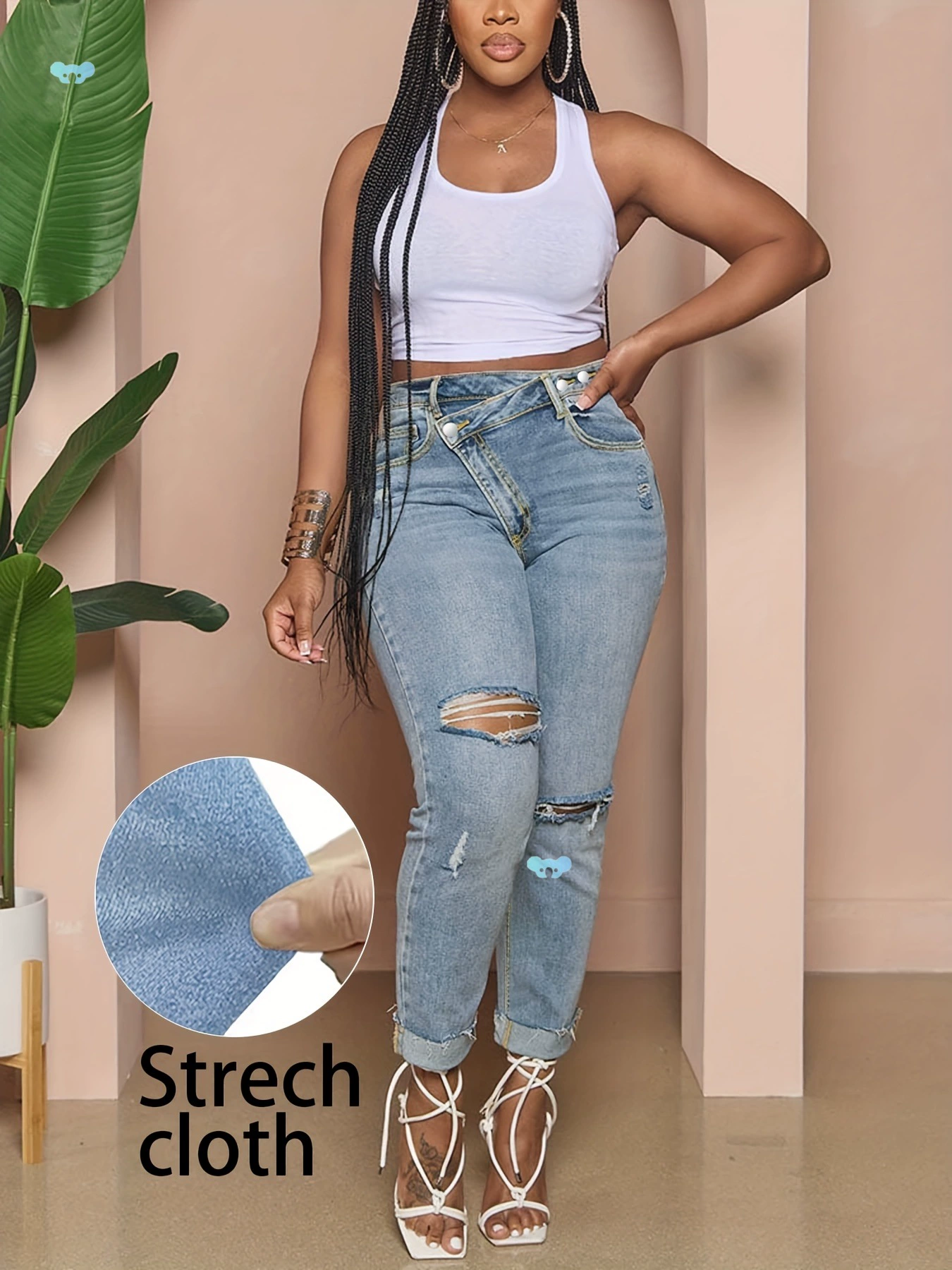 Джинсы из эластичного денима больших размеров с высокой талией и асимметричным кроем