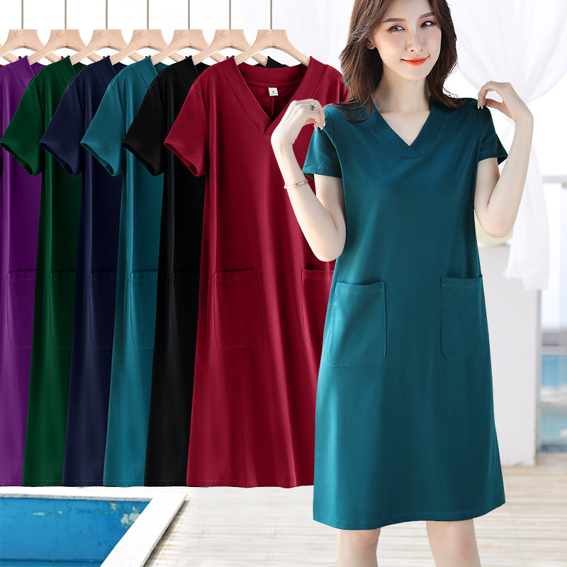 Peacock Blue plus size Short-sleeved dress Women's Spring and Summer Mid-length Loose V-neck chubby girl Slim Belly Covering Dress