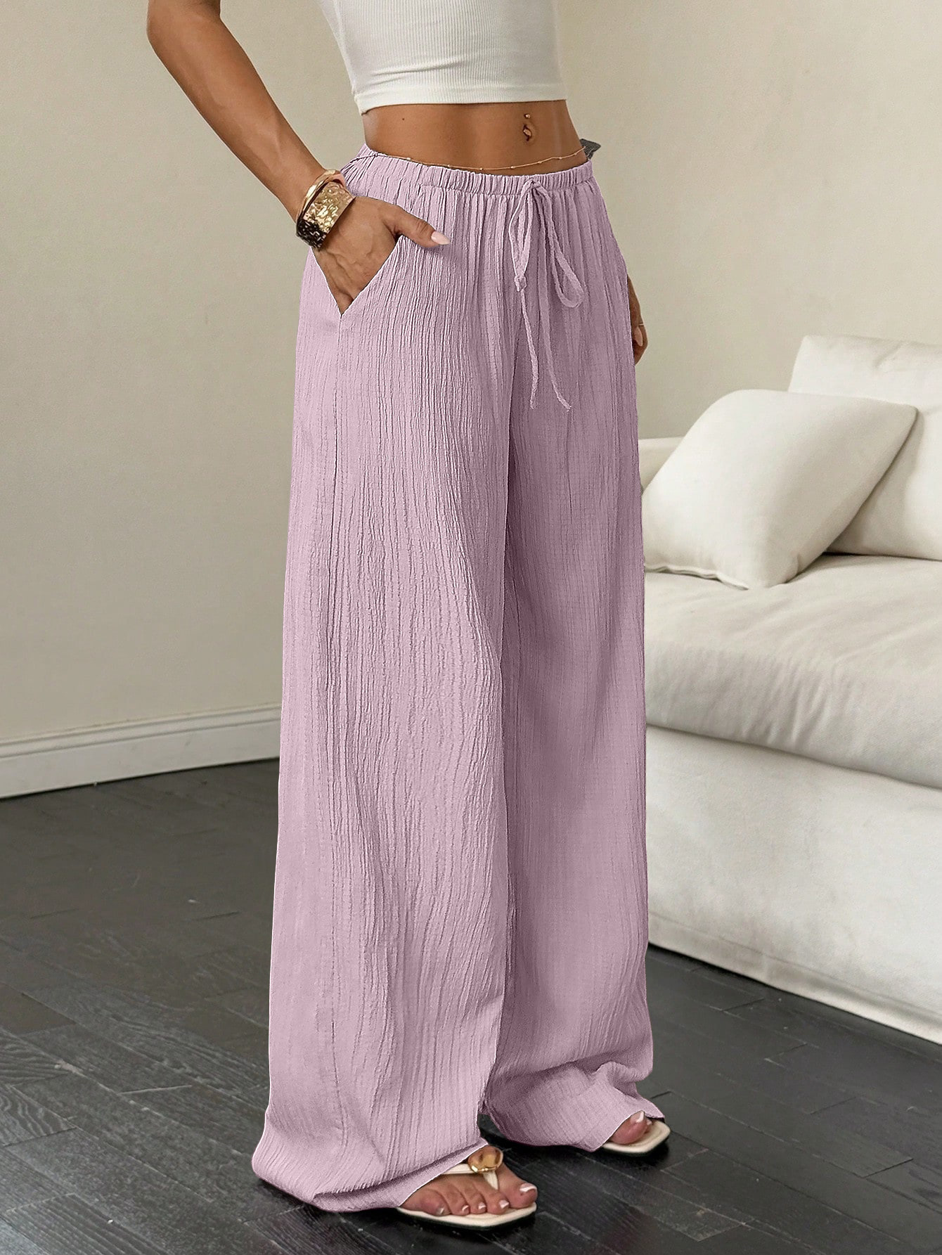 Damen Weithosen Freizeithose Mit Knotentaille Strukturstoff_voghion.com