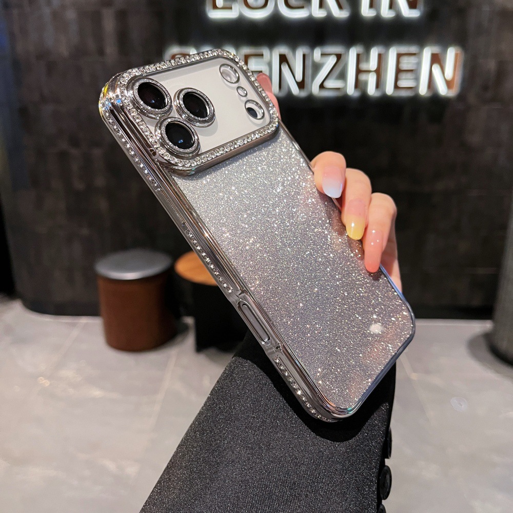 Adatto per iPhone 17 Pro Max con bordi quadrati impreziositi da diamanti, custodia glitterata sfumata per 16 Pro, 14/13, chiaro_voghion.com