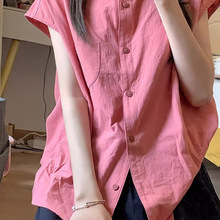 法式粉色短袖衬衫女夏季2024年新款设计感小众无袖宽松小飞袖上衣