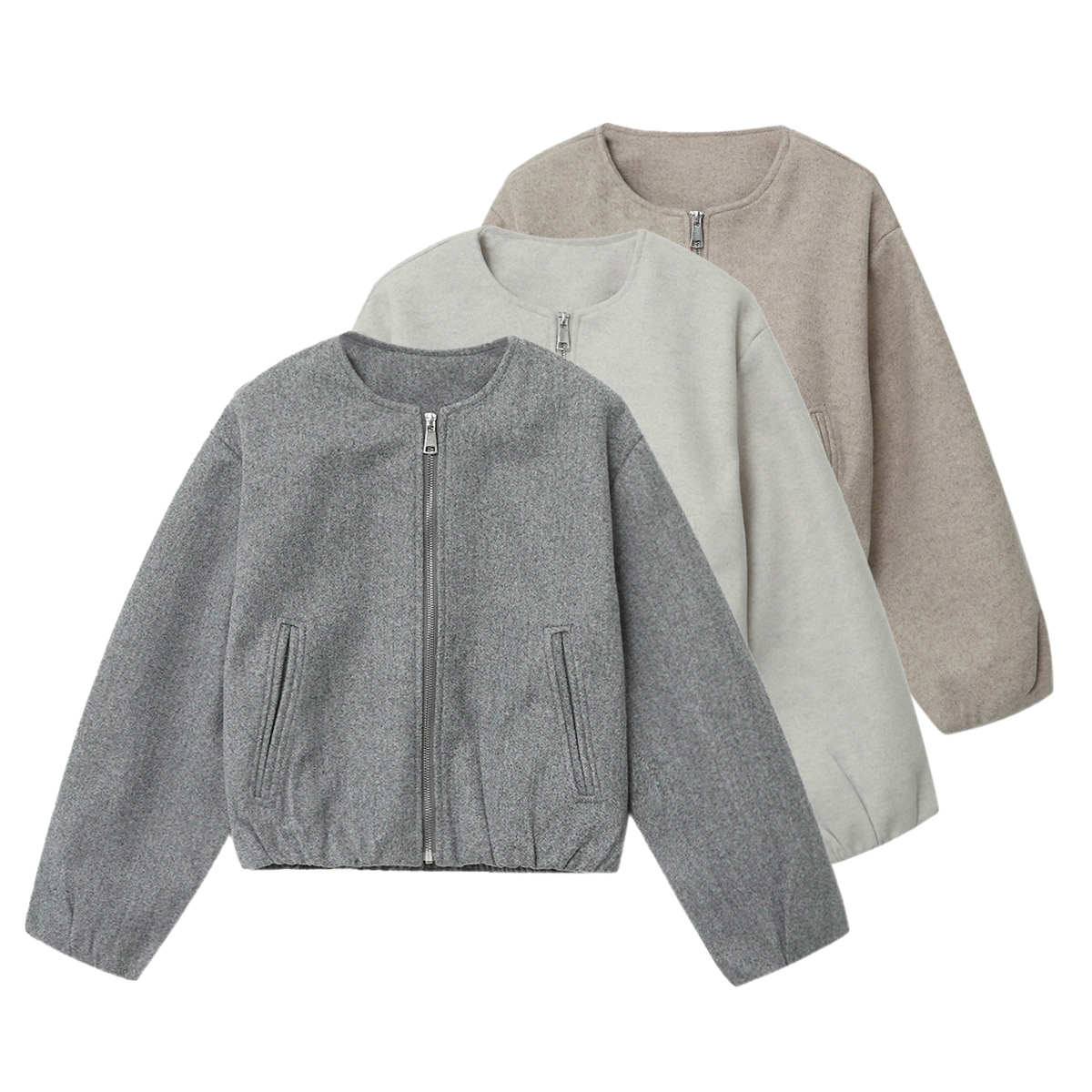 跨境女装2025秋冬新款欧美时尚圆领褶皱下摆仿呢料短款毛呢外套女