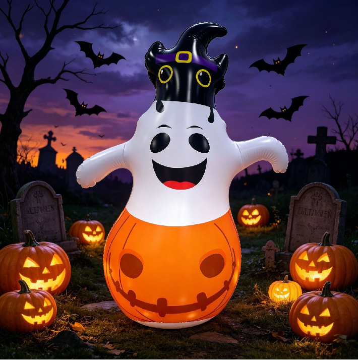 PVC Halloween inflatable hat-wearing ghost pumpkin lantern light-up inflatable toy with remote control, in stock.