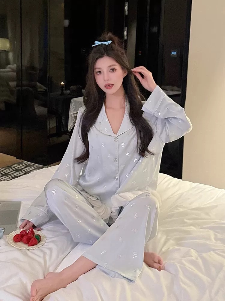 핫 실버 리본 블루 긴팔 바지