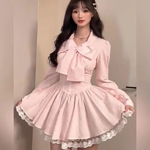 甜美純欲秋季蕾絲花邊蝴蝶結感長袖粉色收腰顯瘦蓬蓬連衣裙女