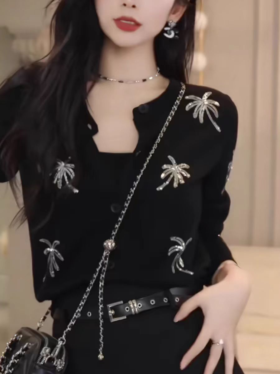 Áo cardigan len dệt kim thêu họa tiết thời trang đa năng — màu đen