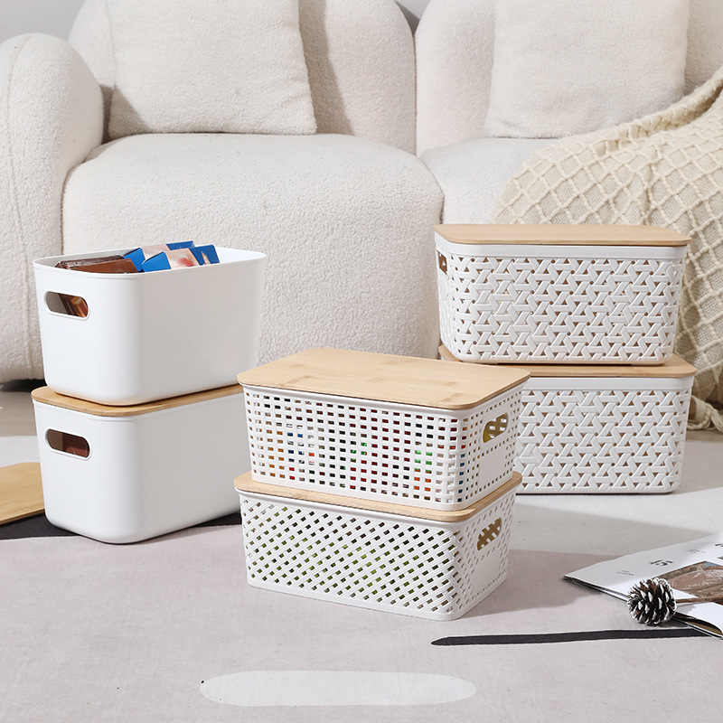 Cesta de almacenamiento de Amazon Caja de almacenamiento de cubierta de bambú de imitación de ratán a cuadros Caja de almacenamiento de almacenamiento de escritorio de oficina simple