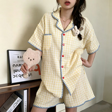 可爱撞色格子云朵棉睡衣女款夏季2026新款短袖甜美套装家居服夏天
