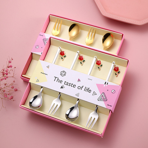 Stainless Steel Red Rose Fork and Spoon Set Gift Box Valentine's Day Gift Gold Spoons Wholesale High-Quality Coffee Spoons