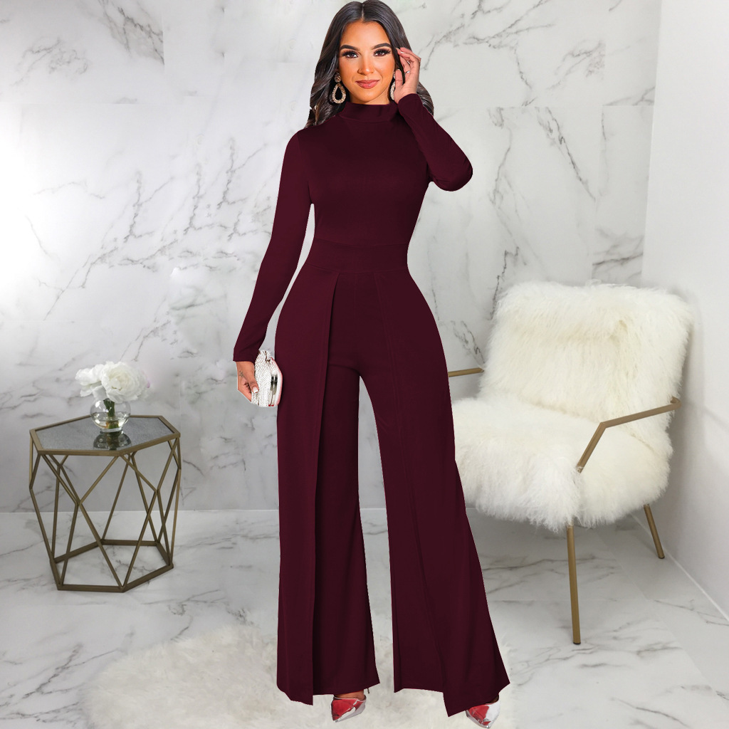 Solid Color Slim Wide Leg Long Sleeve Jumpsuit NSMRF116721