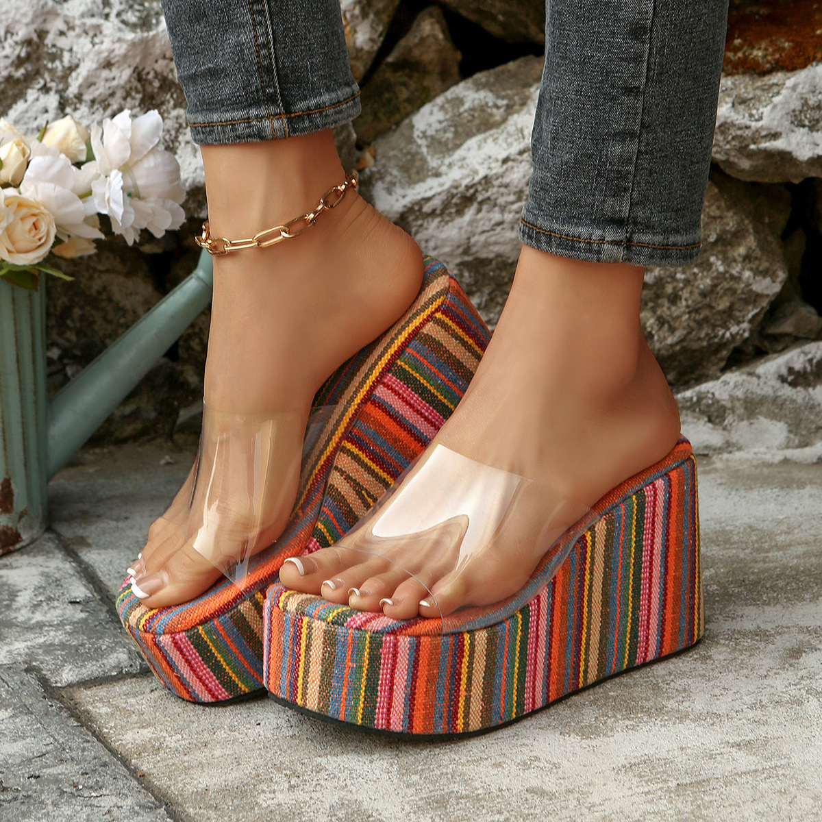 Women's Plus Size Striped Colorful Platform Sandals European American Style Transparent Wedge Summer New Style Size 43_vogvips.com