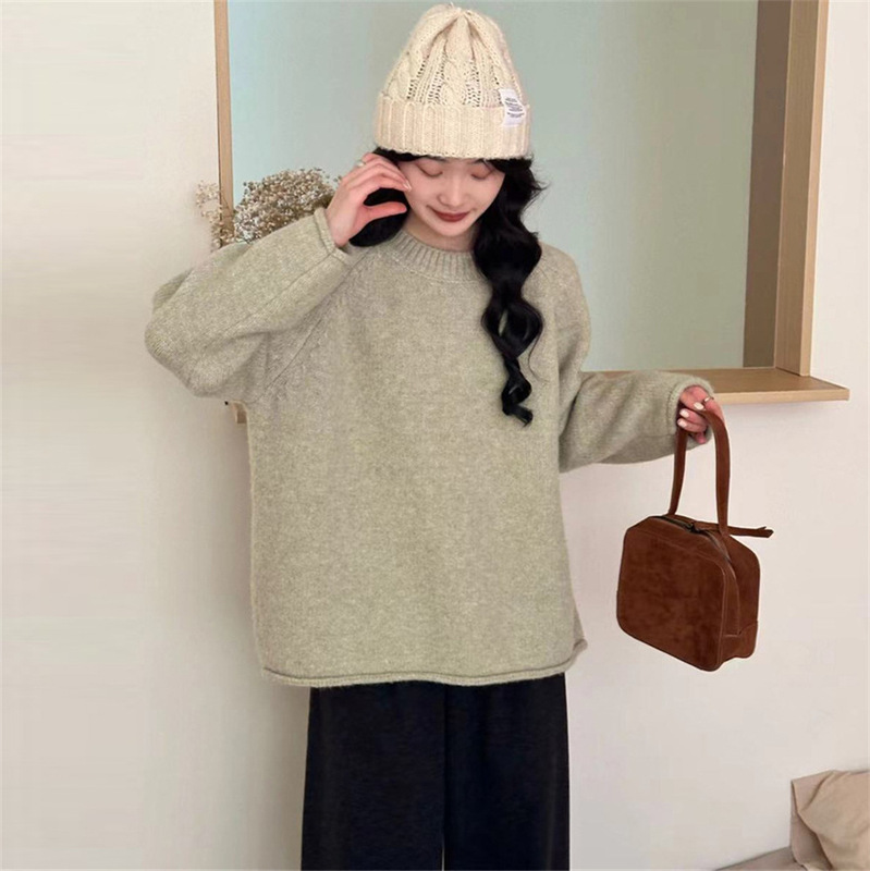 韩系软糯卷边加厚套头毛衣女秋冬新款温柔慵懒风宽松软糯针织上衣|undefined
