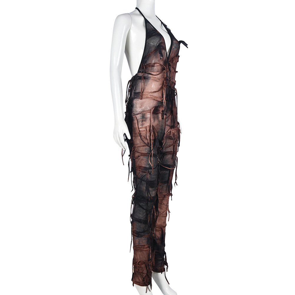 Sexy Cutout Long Halter Ripped Beggar Cloth Jumpsuit Women