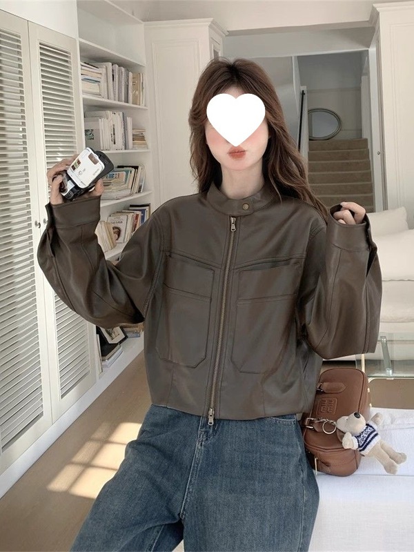 皮韩版衣美拉德多巴胺显瘦外套春秋新款夹克复古百搭女款PU皮夹克|undefined