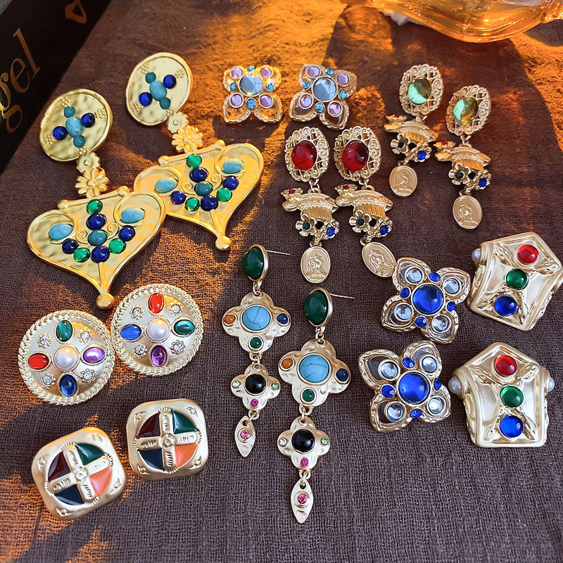 Retro Flower Resin Copper Inlay Artificial Diamond Drop Earrings 1 Pair