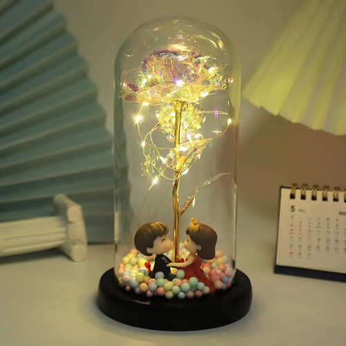 Eternal Rose Glass Cover Chinese Valentine's Day Street Stall Gift Colorful Gold Foil Flower Color Gold Simulation with Lights