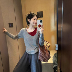 大码女装胖mm穿搭慵懒风显瘦假两件拼接撞色小众设计感针织上衣女