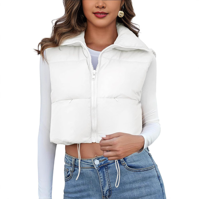 Cross-Border Foreign Trade Amazon Women's Winter Thickened Warm Cotton Vest Stand Collar Cotton Jacket Zipper Short Sleeveless Jacket