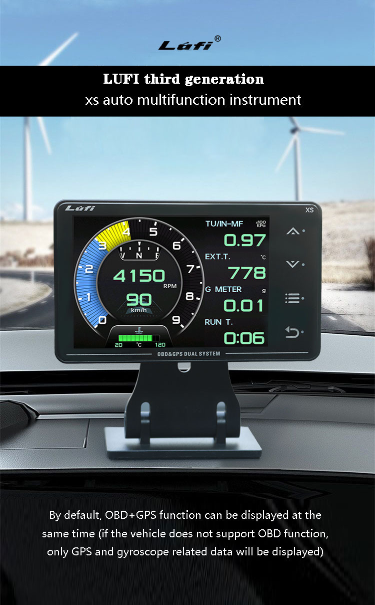 Three-generation LUFI XS car modified instrument OBD2 GPS multi-function LCD meter turbine speed G value gyro