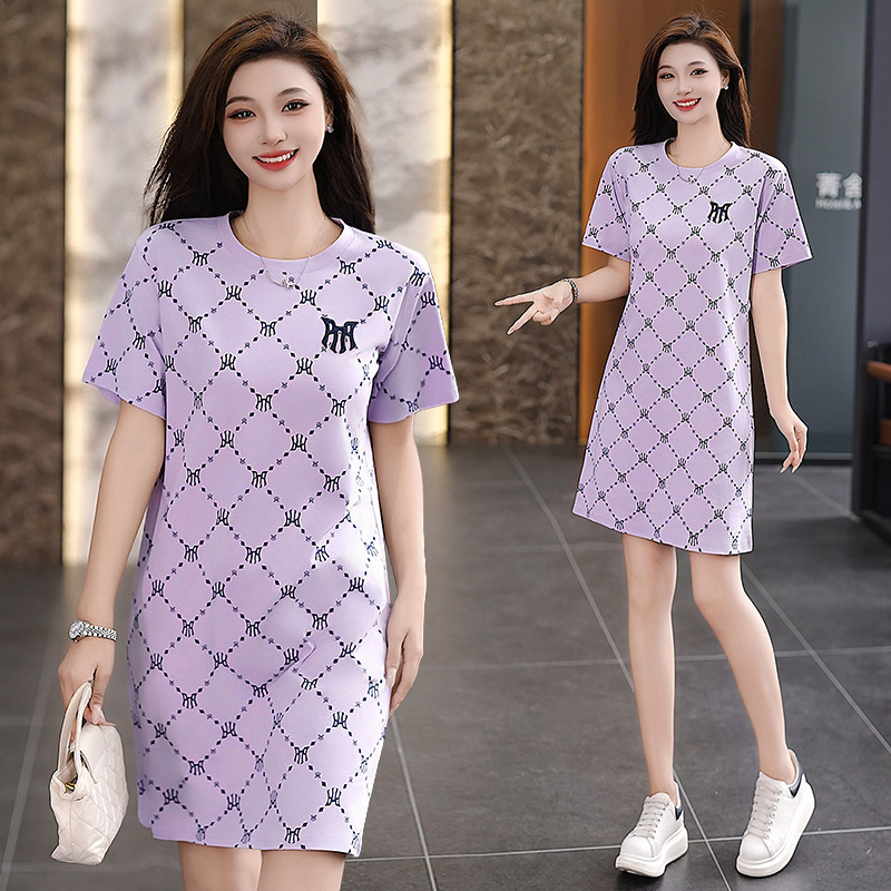 T-Shirt Dress Women's Summer Loose Line Casual A-Line One-Step Skirt Short-Sleeved Elegant Mid-Length Round Neck T-Shirt Dress
