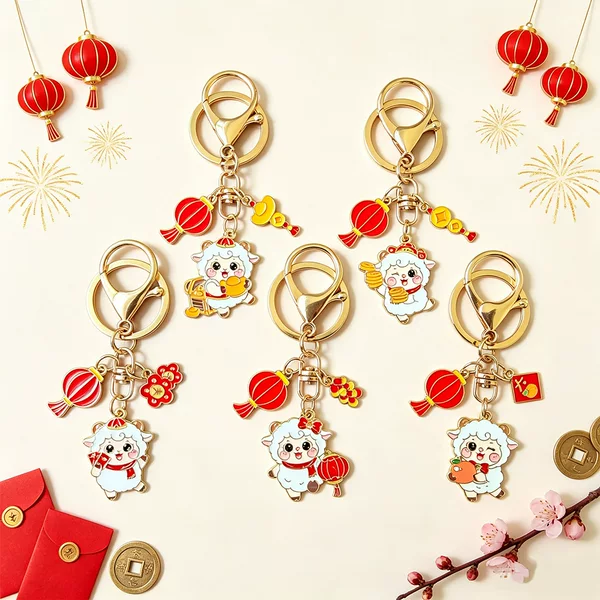 Chinese-style zodiac sheep alloy keychain, cute cartoon design, brings good luck, perfect as a small bag charm or New Year/Chinese Spring Festival gift