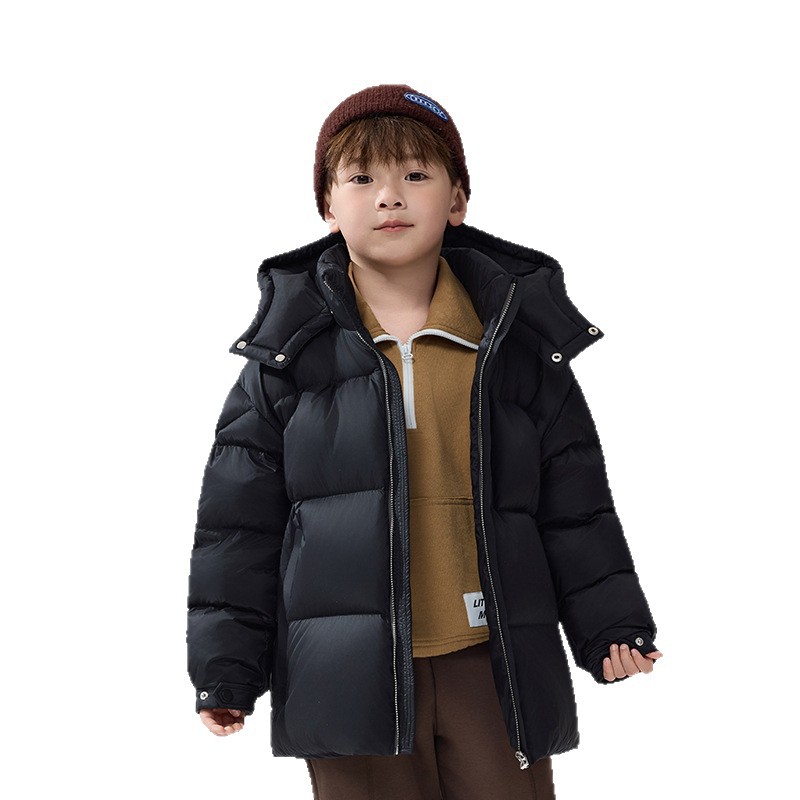 Kids Winter Puffer Jacket With 90% White Duck Down, Short Thickened Coat For Boys & Girls, Trendy Outerwear For Big Kids (120-170cm, Black/Smoke Grey)_voghion.com