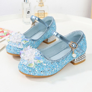 Children's High-heeled Crystal Shoes Girls' Single-layer Shoes Little Girl Elsa Princess Shoes Baby Children's Shoes Sequin Shiny Leather Shoes