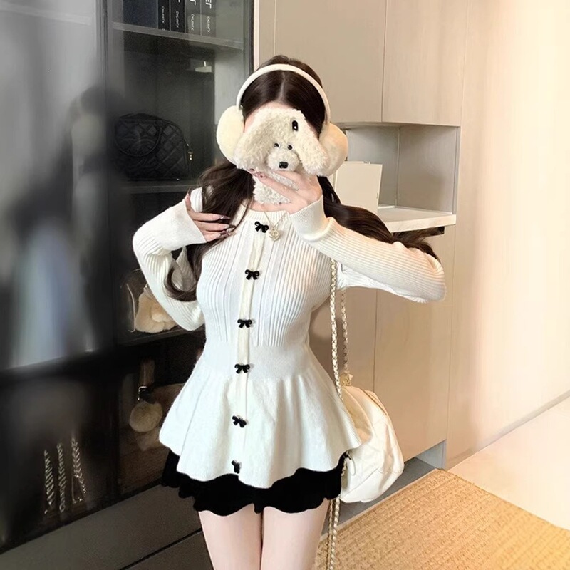 Bow-Knot Apricot-Colored Round-Neck Long-Sleeved Knitwear for Women in Autumn and Winter, Slimming Waist-Cinching Sweater, Gentle Style, Slim-Fitting Bottoming Top