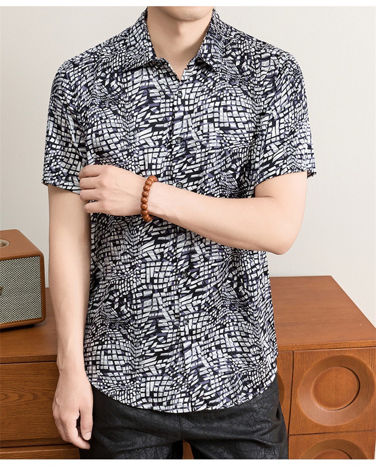 Áo sơ mi nam ngắn tay họa tiết hoa lụa satin mùa hè — Da đen 8844 chi tiết 11
