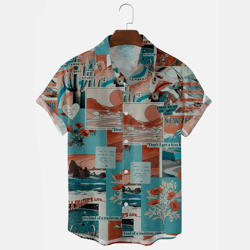 2023 cross-border European and American new men's loose 3D printed short-sleeved shirt plus size floral cardigan lapel shirt