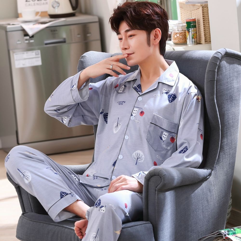 Pijamas de hombre Pijamas de primavera y otoño pantalones de algodón de manga larga de los hombres cardigan verde de mediana edad ropa de hogar traje de invierno para los ancianos