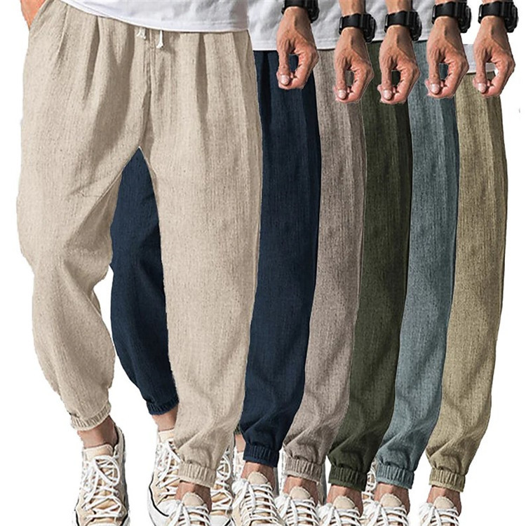 Men's Linen Pants Summer Trendy Loose Straight Casual Pants Thin Breathable Versatile Cropped Cotton-Linen Pants