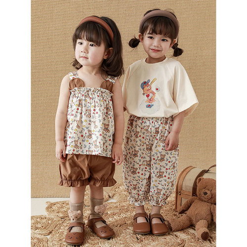 Qiu Duomeng Girls' Floral Camisole Top Shorts Set Summer Children's Cartoon Short-Sleeved T-Shirt Baby Pants