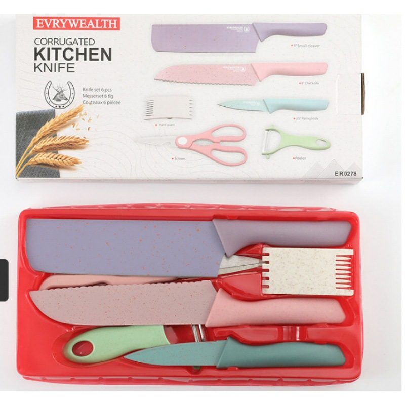 Comercio exterior transfronterizo exportación conjunto de cuchillos de cocina de paja de trigo de color seis piezas de cocina combinación de cuchillos de pintura de color