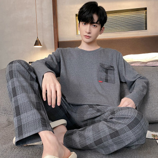 Wholesale Pajamas for Men, Spring and Autumn Style, Pure Cotton, Long-Sleeved, 2025 New Casual Plus Size, Suitable for Autumn and Winter, Can Be Worn Outside as Loungewear