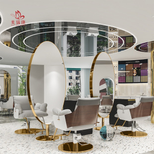 Internet-famous Barber Shop Mirror Table Stainless Steel Floor Mirror Full Body Mirror Hair Salon Special Double-sided Mirror with LED Light