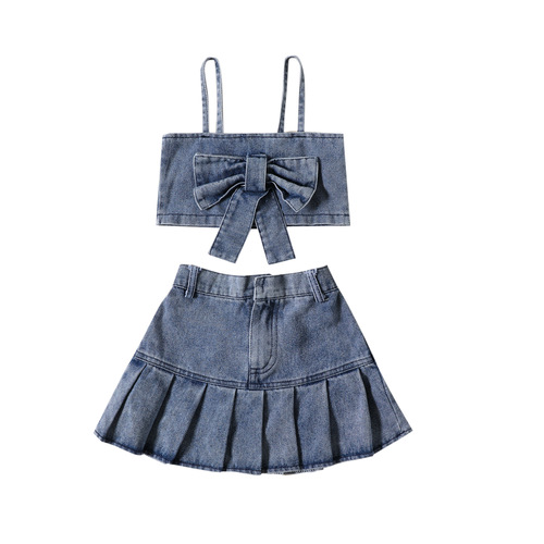  new summer girls denim suit short bow strap strapless denim pleated skirt suit wholesale