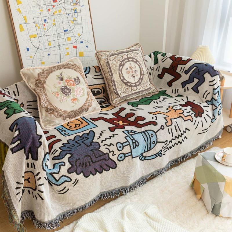 Doodle Sofa Scarf Day Korean Style Sofa Cover Ins Dust Cover Blanket Single Sofa Cushion Cover Decorative Throw Pillow