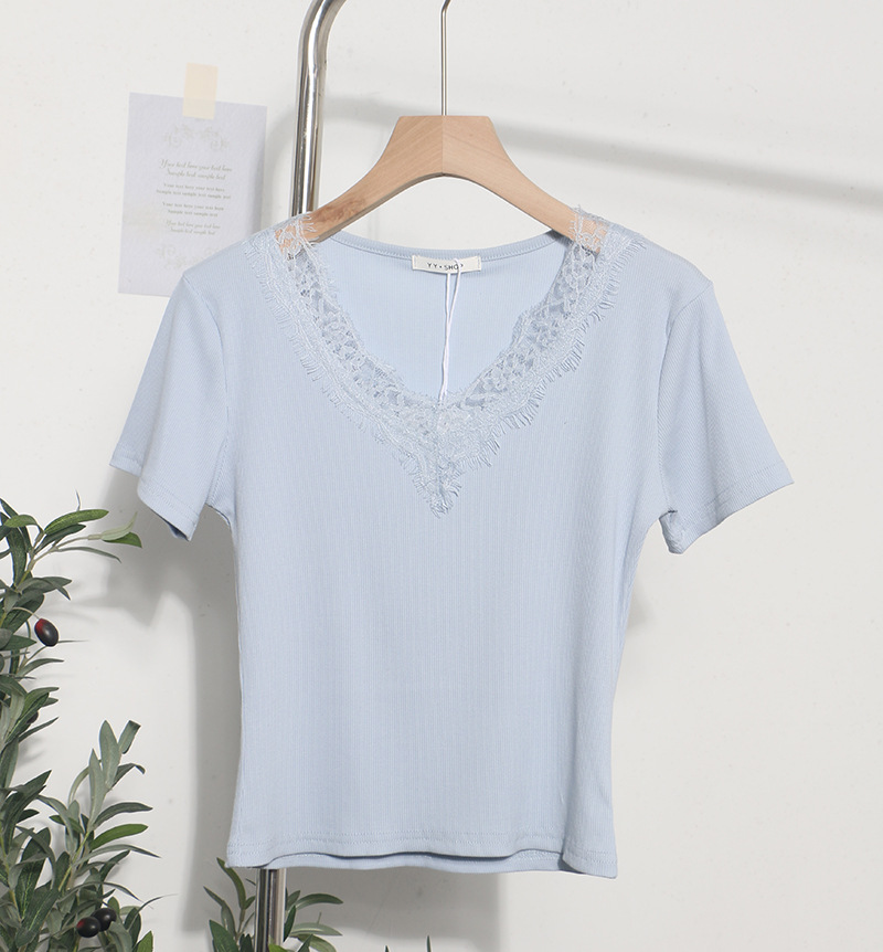 Summer Romantic Lace V neck Sexy T shirt Short Small Slim Short Sleeved Tops