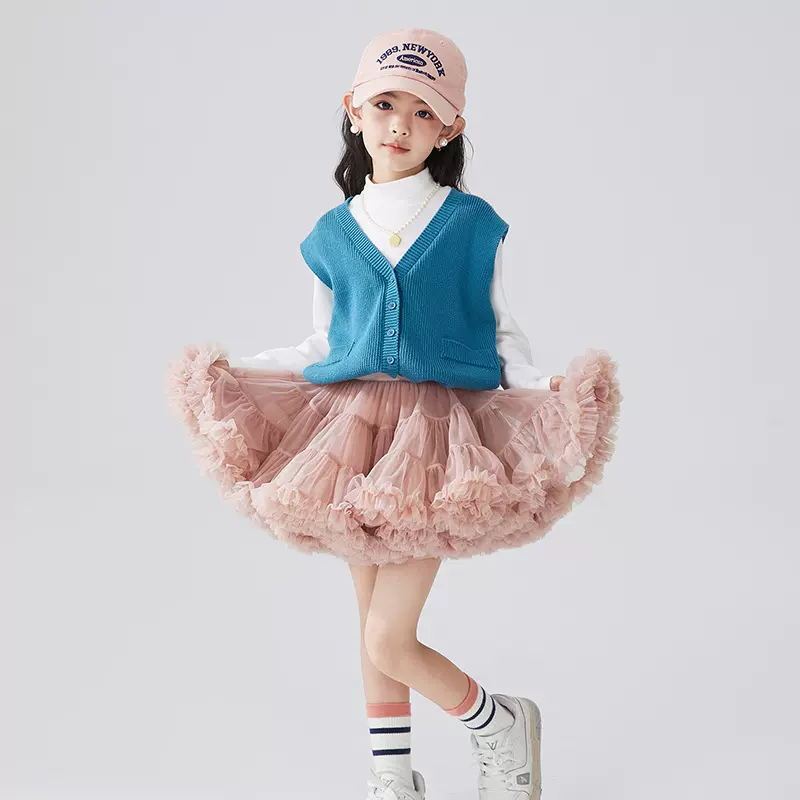 女童tutu半身裙夏季新款二代奶茶色网纱公主裙六一儿童节演出服潮