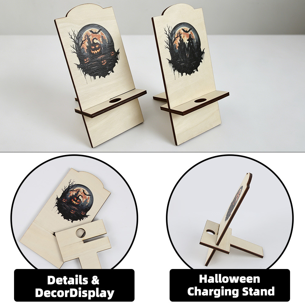 Holder de madera para teléfonos móviles de Halloween, marco de carga multipropósito desmontable, marco de soporte de escritorio plano para decoración del festival fantasma