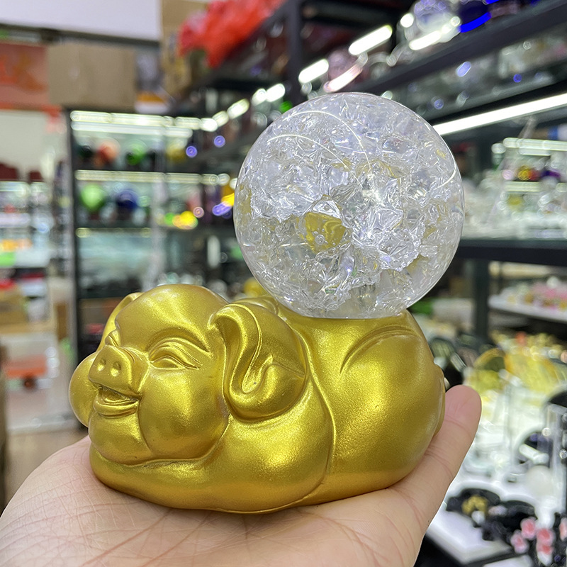 水晶球圆形球托 发财猪金猪小猪树脂工艺品底座摆件 桌面办公装饰