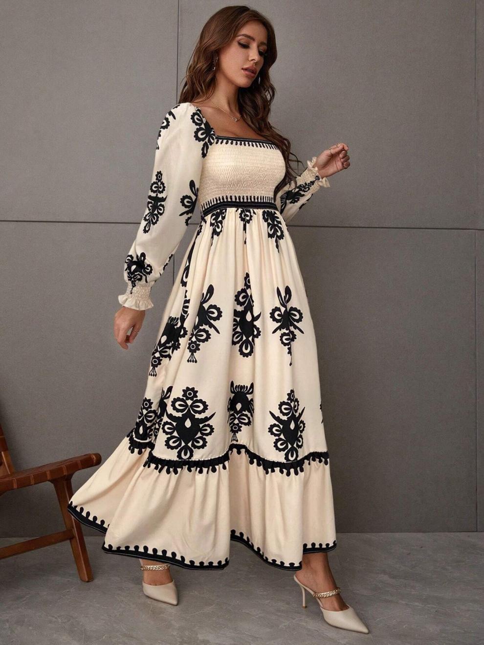 Polyester Fabric Type High Waist Waist Line Wholesale Women's Elegant Streetwear Printing Holiday Banquet Selfie Square Neck Long Sleeve Sheath Dress
