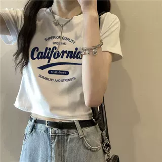 白色字母印花短袖T恤女2025夏季新款洋气修身显瘦短款百搭上衣潮